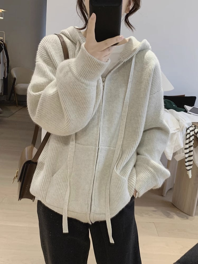 Women's loose hooded zip-up sweater