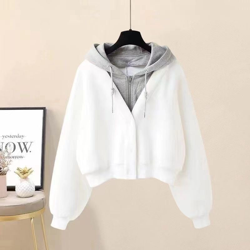 Hooded two short hoodie patchwork cardigan coat