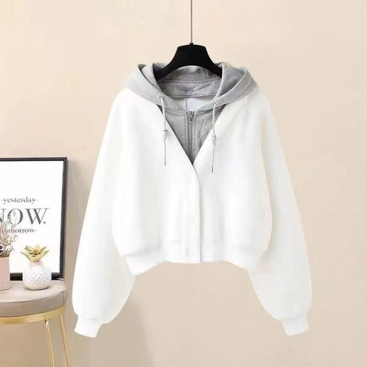 Hooded two short hoodie patchwork cardigan coat